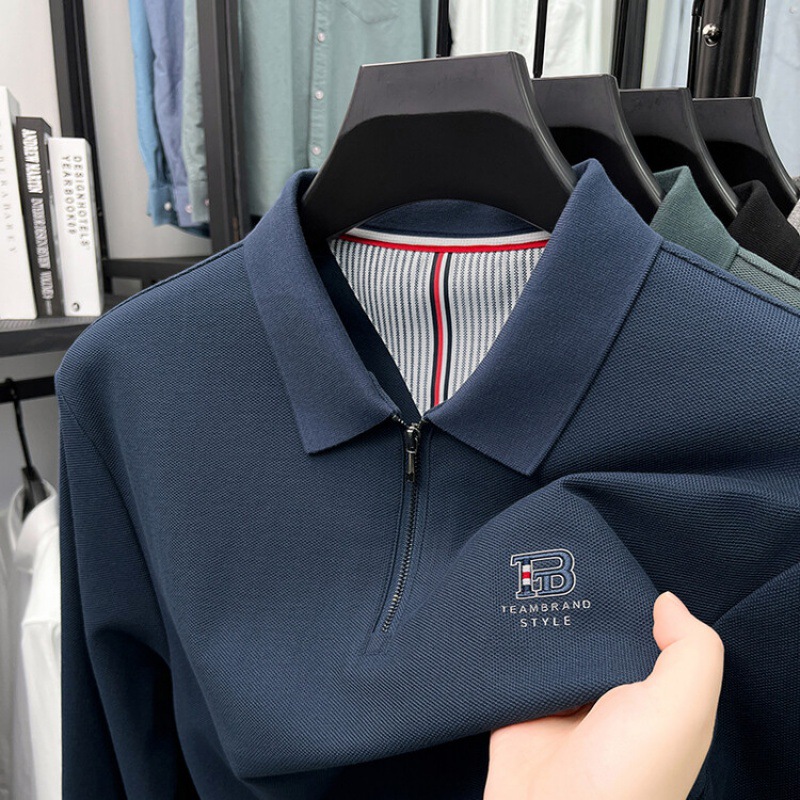 2024秋男士纯色polo衫中年男装珠地棉翻领拉链长袖体恤上衣