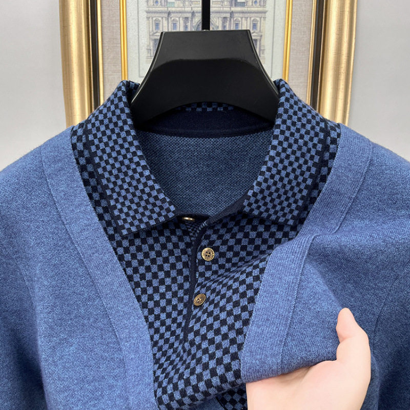 红色加厚假两件毛衣男2025秋冬新款保暖衬衫领针织衫大码修身上衣