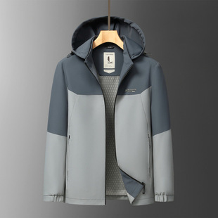 爸爸秋装外套2025秋款中年双拼色夹克外套薄款连帽可拆夹克衫外套