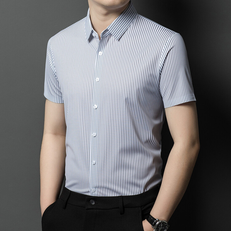 含桑蚕丝2025夏季新款条纹短袖衬衫中年男士商务休闲薄款冰丝衬衣