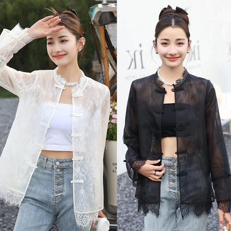 蕾丝防晒衣女2025秋夏新韩版修身中国风盘扣欧根纱性感显瘦短外套