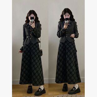 大码韩系小香风冬天穿搭一整套富家千金气质外套格子半身裙套装女