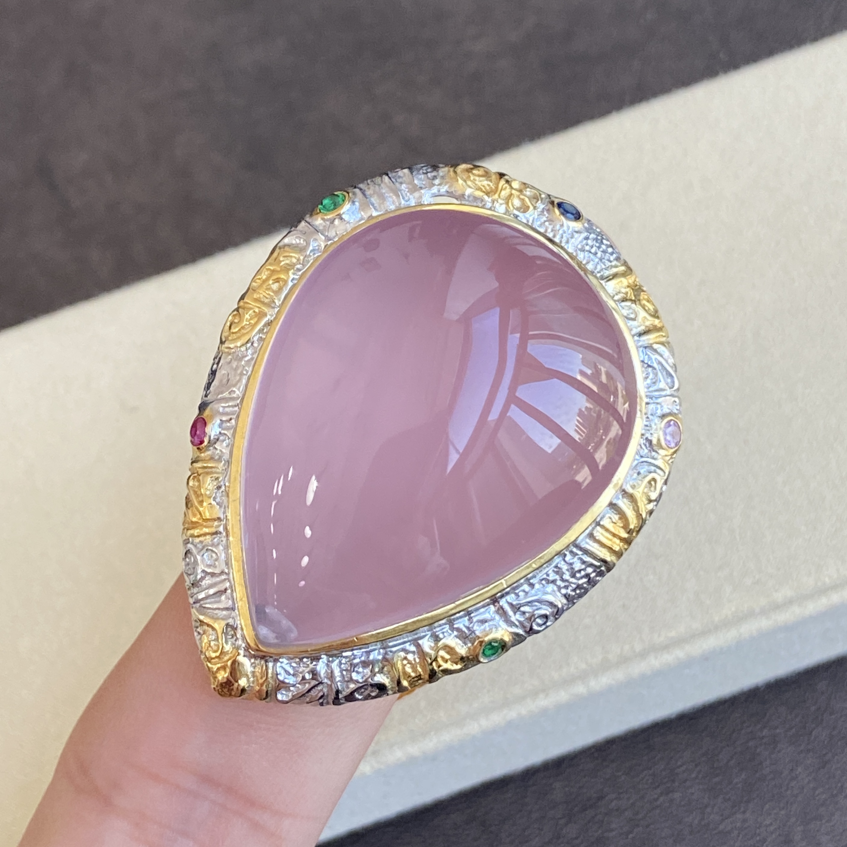 意大利工艺天然粉水晶戒指s925银镶嵌时尚百搭活口指环