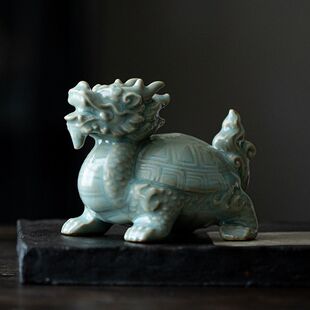 陶瓷龙龟茶宠摆件复古风茶台装 饰品茶艺配件汝窑开片招财瑞兽笔架
