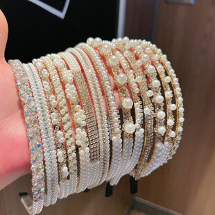 新款珍珠头箍带钻石细边压发水钻爪链链条发箍女高级感外出百搭