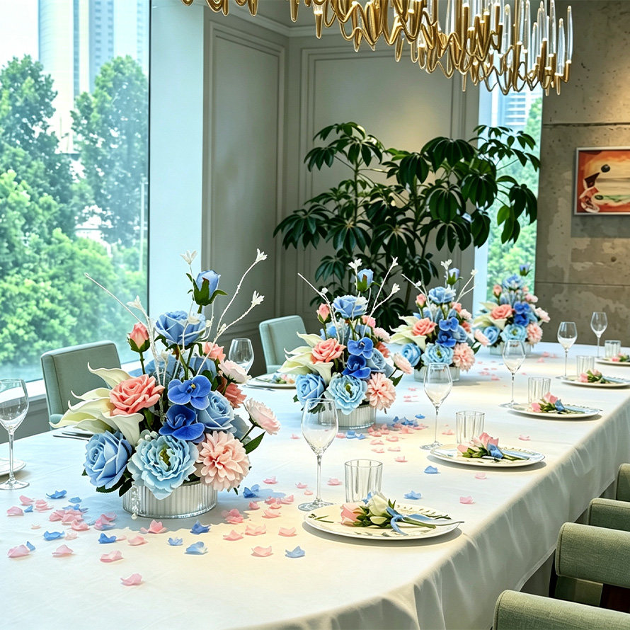 蓝色系订婚桌花套系甜品台仿真花