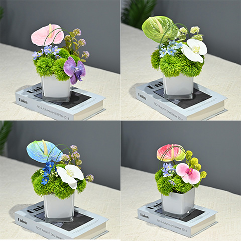 新中式现代方形小桌花玻璃花瓶仿真花艺酒店洽谈桌家居假花摆设