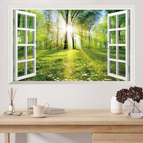 3d立体墙贴纸壁画自粘风景画客厅卧室背景墙面遮丑装饰假窗户挂画