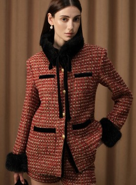 DIANA VEVINA 24秋冬毛领围脖小香风外套丝绒拼色小香风短裤时尚