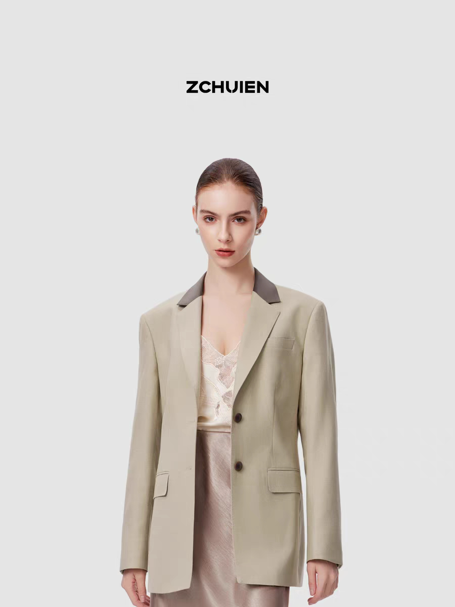 ZCHUIEN西装货号长袖简约女款茶棕轻奢风高端外套商务休闲拼色