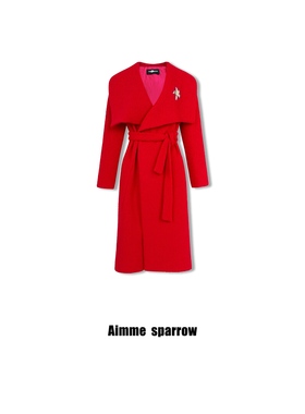 戚薇同款红色大衣Aimme sparrow 26春夏胸针大衣时尚百搭长外套