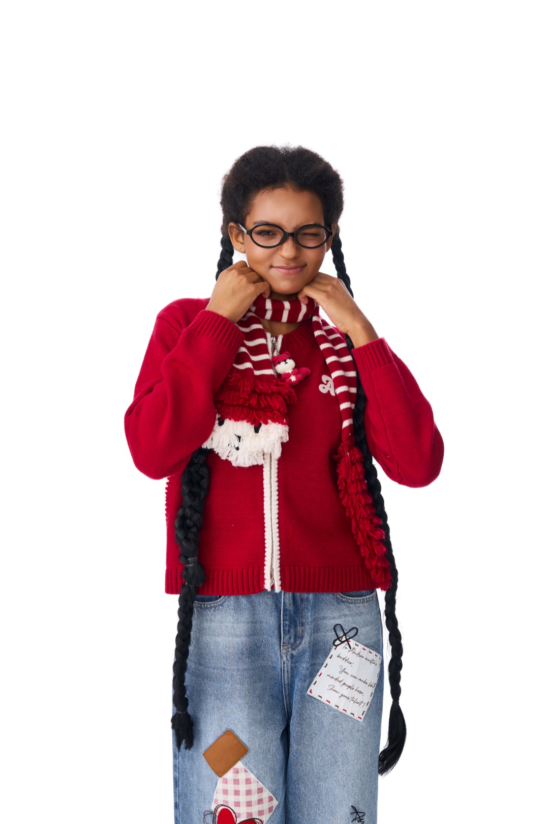 Andrea Martin 25秋冬新品红色针织开衫带围巾时尚潮流百搭女上衣