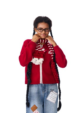 Andrea Martin 25秋冬新品红色针织开衫带围巾时尚潮流百搭女上衣