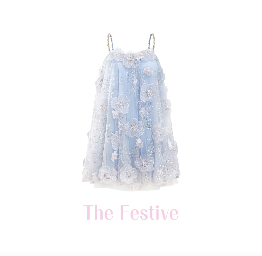 The Festive蓝宝花涧重工连衣裙时尚潮流百搭女裙立体花朵吊带裙