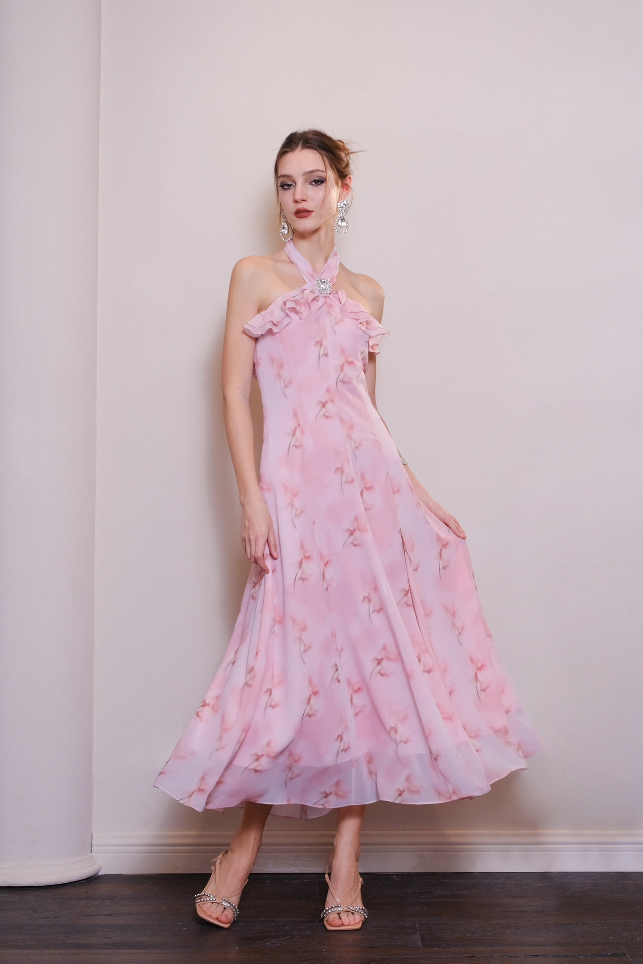 DIANA VEVINA24春夏方糖钻扣花卉连衣裙时尚优雅印花女裙度假粉色