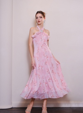 DIANA VEVINA24春夏方糖钻扣花卉连衣裙时尚优雅印花女裙度假粉色