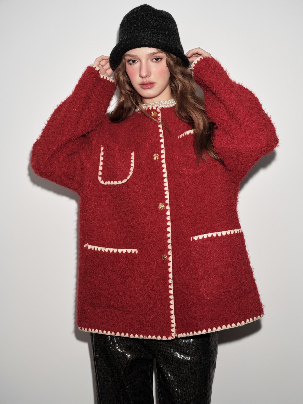 Aimme sparrow25春夏新款红色外套时尚喜庆百搭上衣女毛呢外套