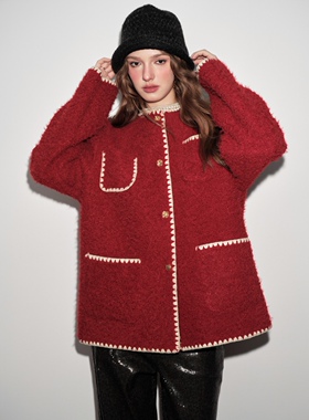 Aimme sparrow25春夏新款红色外套时尚喜庆百搭上衣女毛呢外套