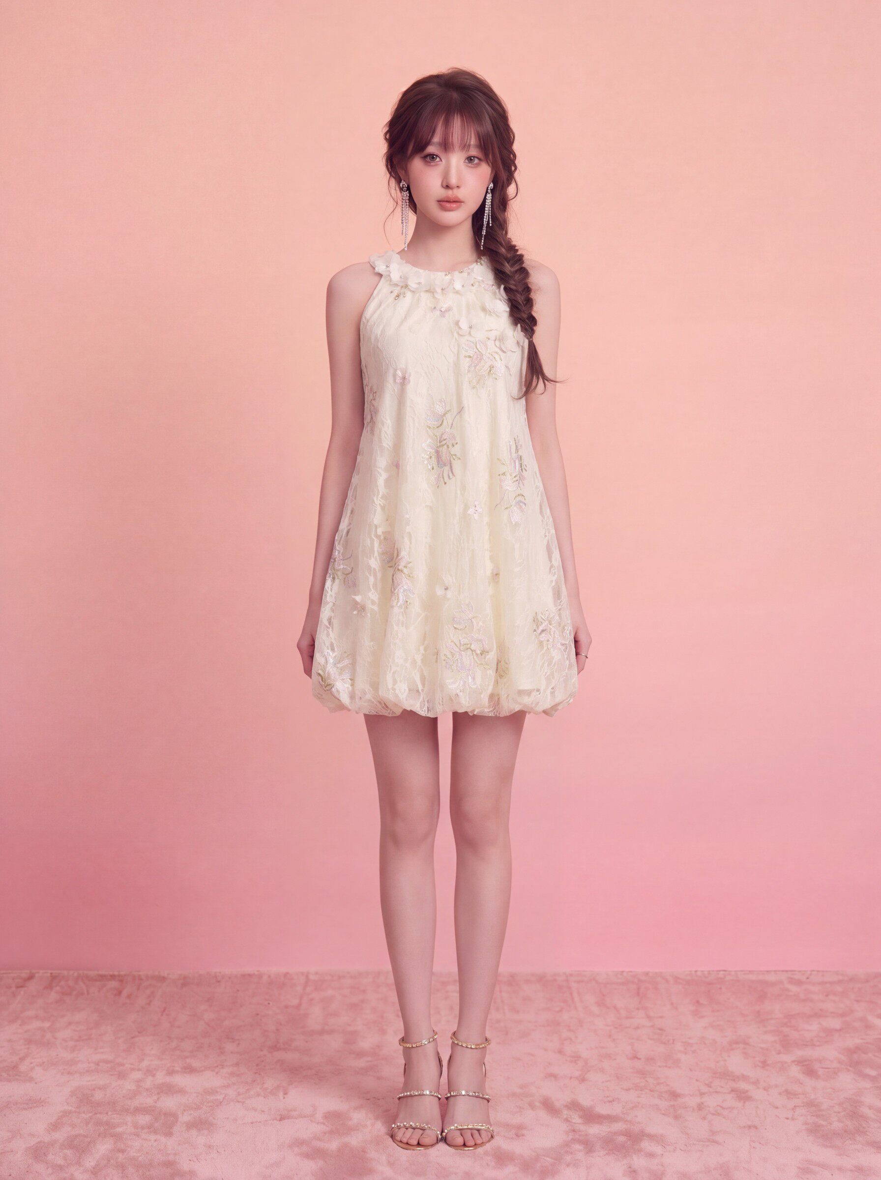 春夏浅杏挂脖刺绣森系仙女连衣裙
