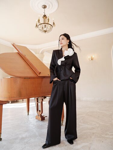 真丝立体花朵外套阔腿裤女套装