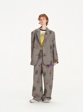 Andrea Martin26春夏新品灰色趣味果蔬涂鸦西装外套弯刀阔腿西裤