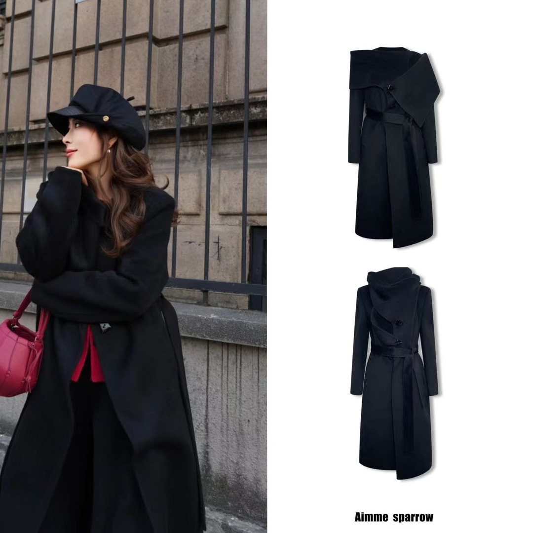 Aimme sparrow25春夏三穿黑色羊绒大衣多种穿法时尚百搭长款外套