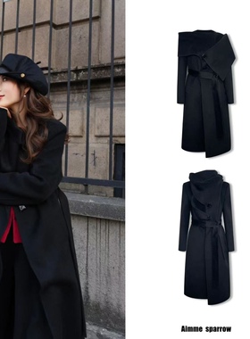 Aimme sparrow25春夏三穿黑色羊绒大衣多种穿法时尚百搭长款外套