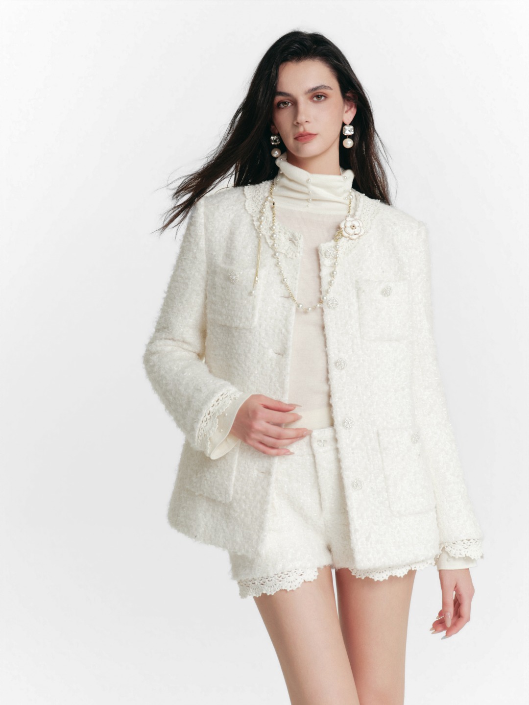 DIANA VEVINA26春夏手钩毛线花边小香风绗棉外套短裤时尚潮流百搭