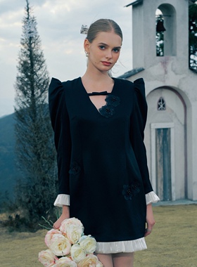 Aimme sparrow 25春夏黑色连衣裙时尚花朵羊角袖女裙通勤百搭气质