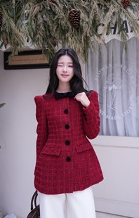 百搭 25秋冬红色格纹粗花呢编织蝴蝶结收腰外套时尚 GUO JINGYI