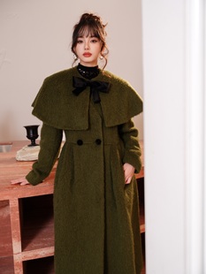 JINGYI墨绿色羊驼毛蝴蝶结斗篷两穿大衣时尚 GUO MFC特卖6折