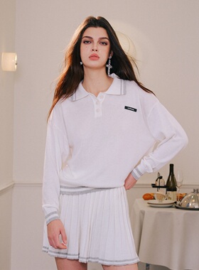 NOT FOR US新款白色polo针织衫拼色百褶裙时尚套装通勤百搭休闲女