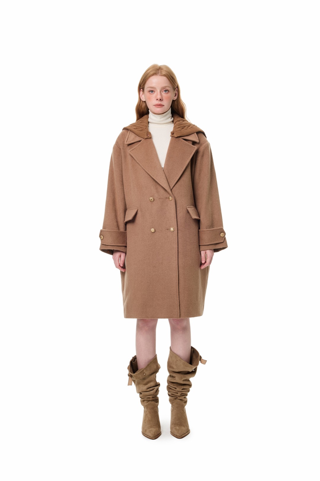 Andrea Martin 25秋冬新品驼色针织披肩毛呢大衣