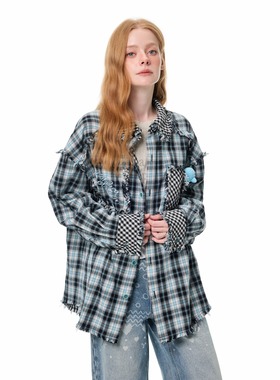 Andrea Martin 25秋冬新品蓝色小海豚毛边衬衫时尚潮流百搭女上衣