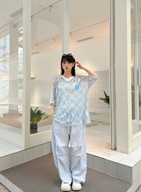 Andrea Martin26春夏新品蓝白格纹阔腿弯刀裤时尚百搭潮流休闲裤