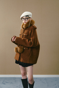毛毛外套 25秋冬焦糖棕圈圈狐狸毛领肩章大衣中长款 GUO JINGYI