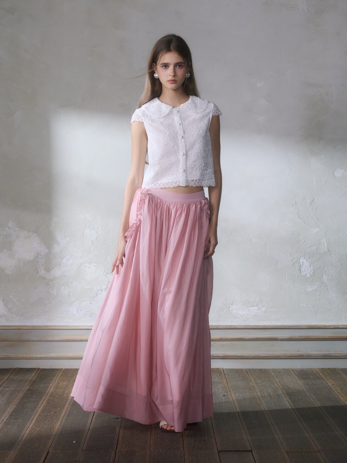 GUO JINGYI26春夏白色蕾丝短袖衬衣藕粉色花边口袋长半裙时尚百搭