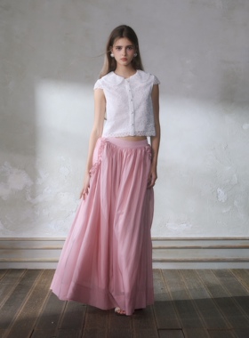 GUO JINGYI26春夏白色蕾丝短袖衬衣藕粉色花边口袋长半裙时尚百搭