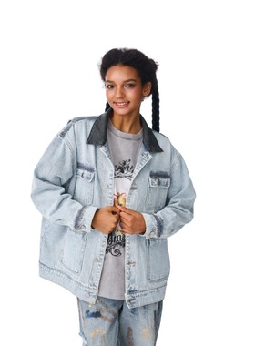 Andrea Martin 25秋冬蓝色水洗工装牛仔外套宽松牛仔夹克美式做旧