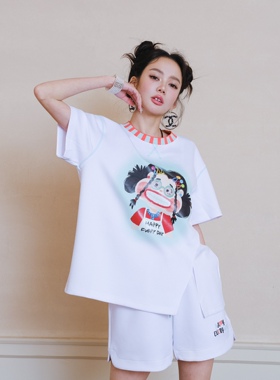 【新品发售】 Aimme sparrow24春夏休闲套装白色印花短袖T恤短裤