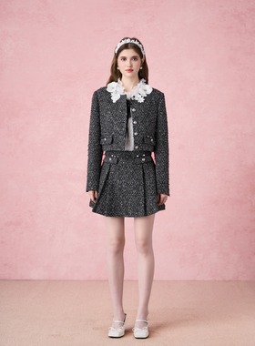 DIANA VEVINA 25秋冬灰色小香白花外套灰色小香半裙时尚套装精致