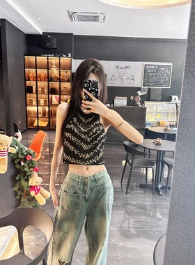 NOT FOR US 黑色钉珠金丝提花针织背心  时尚百搭无袖上衣女新款