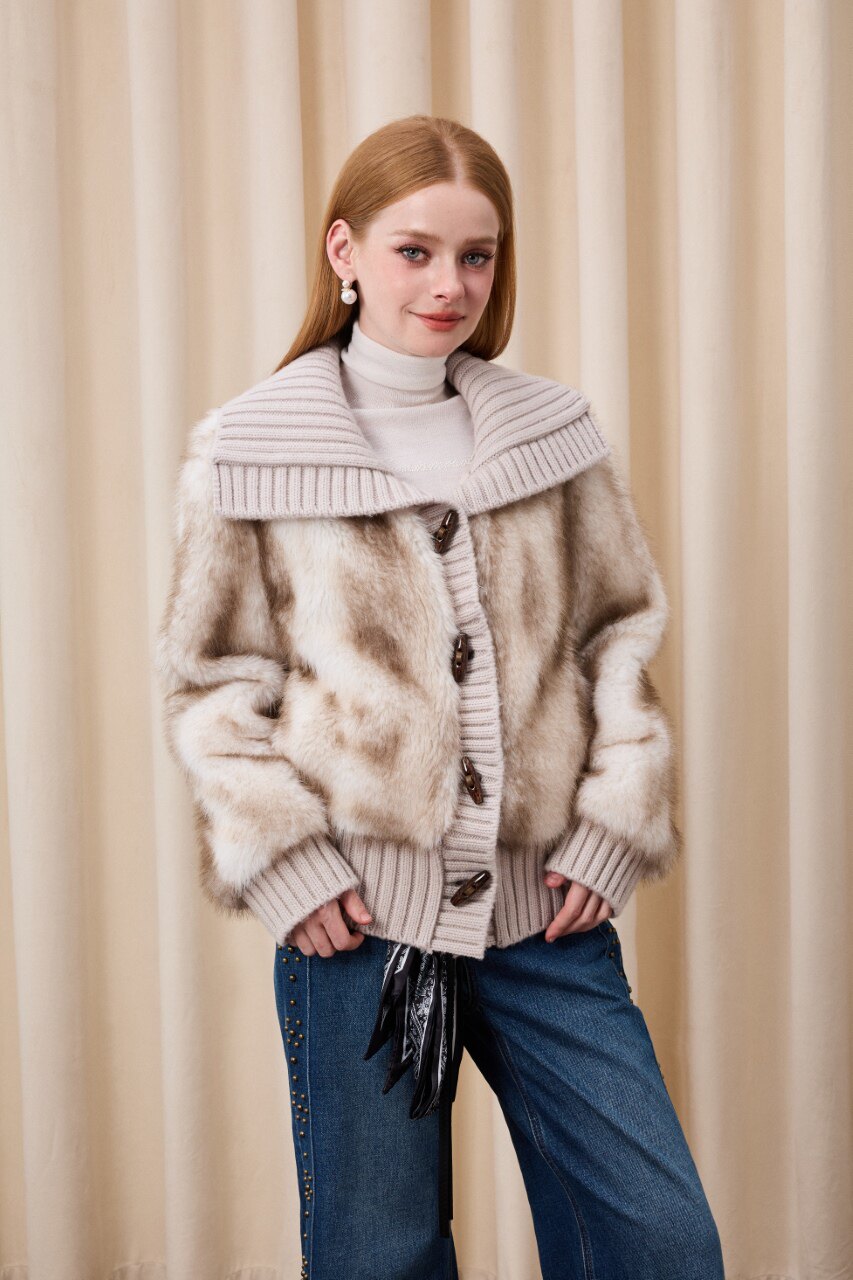 EIMISMOSOL25秋冬短款长袖针织翻领毛外套时尚潮流百搭女上衣