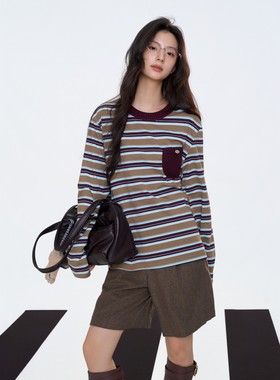 邬正容同款Aimme sparrow条纹口袋长袖T恤上衣解构时髦错位西裤