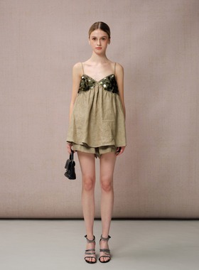 DIANA VEVINA25春夏绿色亚麻亮片拼接吊带抽绳短裤时尚套装休闲女