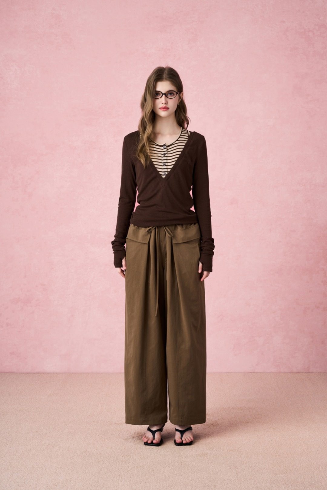 DIANA VEVINA 25秋冬假两件条纹撞色针织长袖T恤大口袋工装长裤女