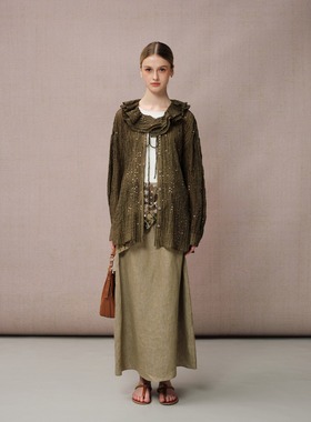 DIANA VEVINA25春夏绿色条纹亮片衬衫印花扭结长亚麻半裙时尚潮流