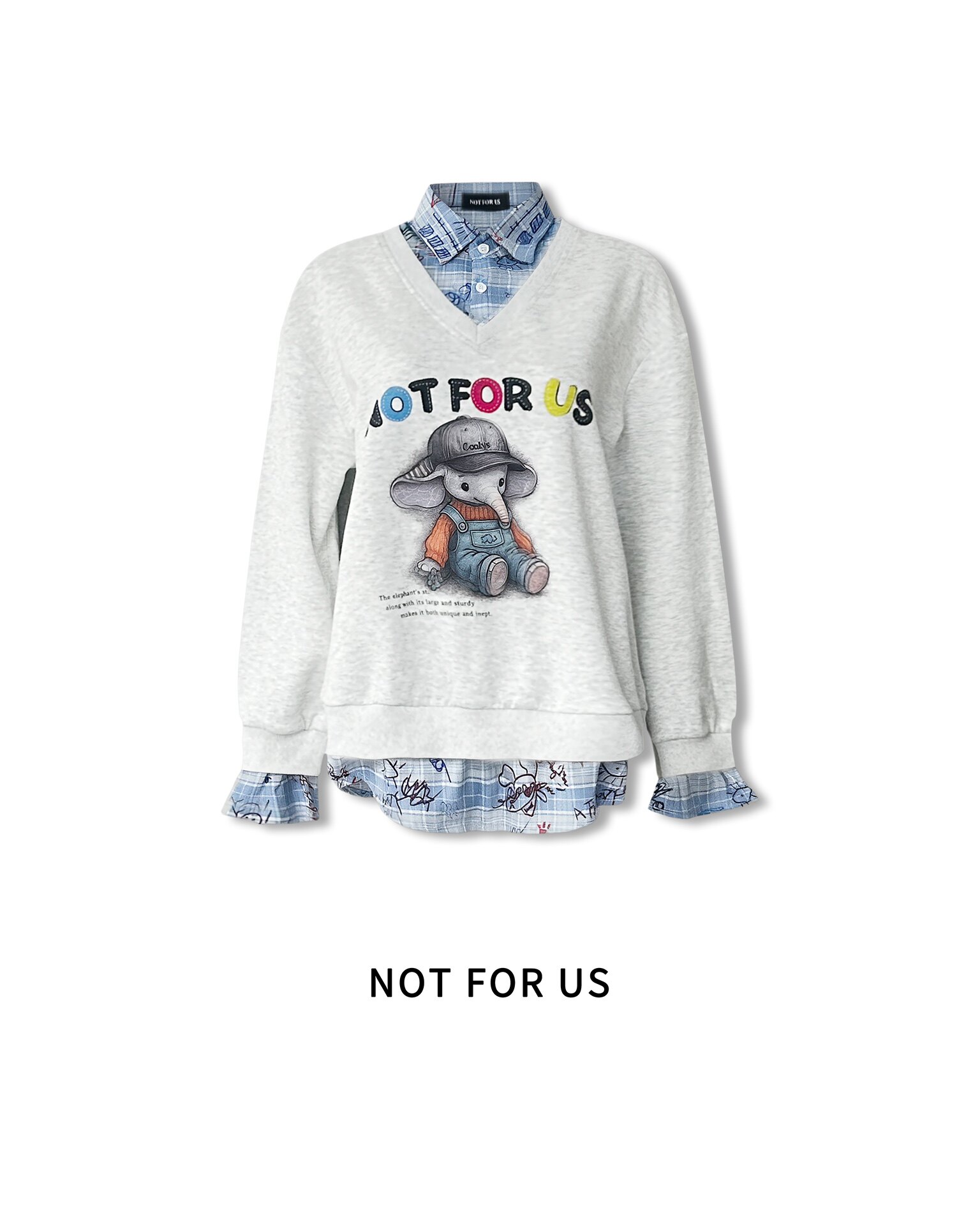 NOT FOR US新款蓝灰拼接polo领小象印花长袖时尚潮流百搭女上衣