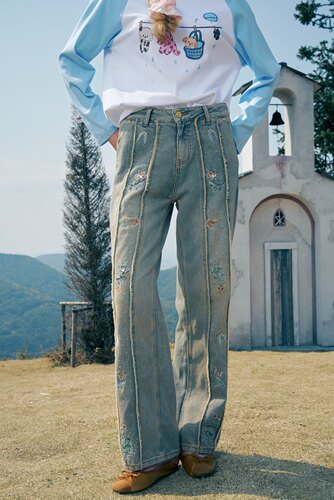 Aimme sparrow25春夏重工艺花卉牛仔裤时尚通勤百搭潮流直筒裤女