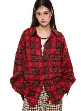 Andrea Martin24秋冬新品红色肌理流苏衬衫时尚潮流宽松休闲上衣